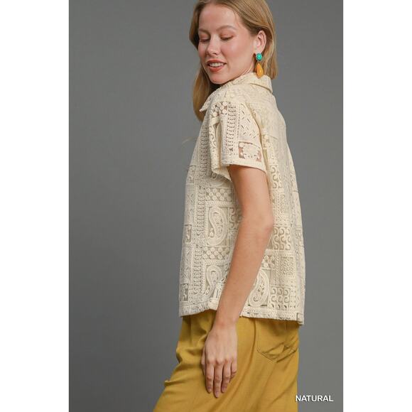 Umgee Lace Patches Detail Short Sleeves Button Down Relaxed Fit Shirt | Natural - Picture 5 of 7